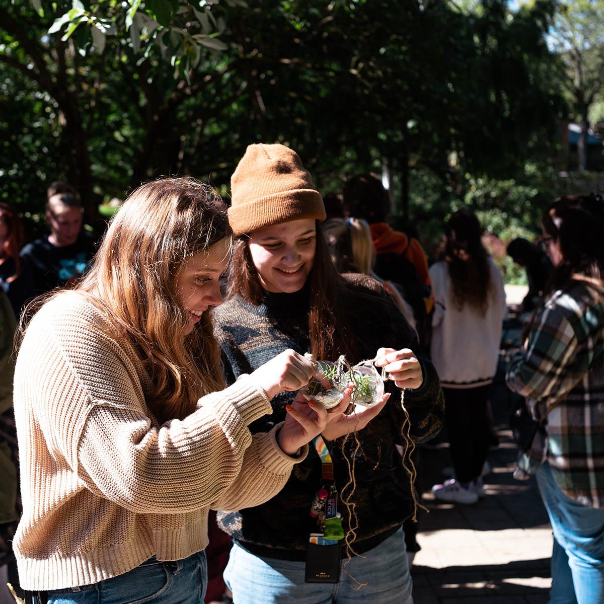 Photo of students looking at an ornament with air plants at an outdoor market on Shadyside Campus